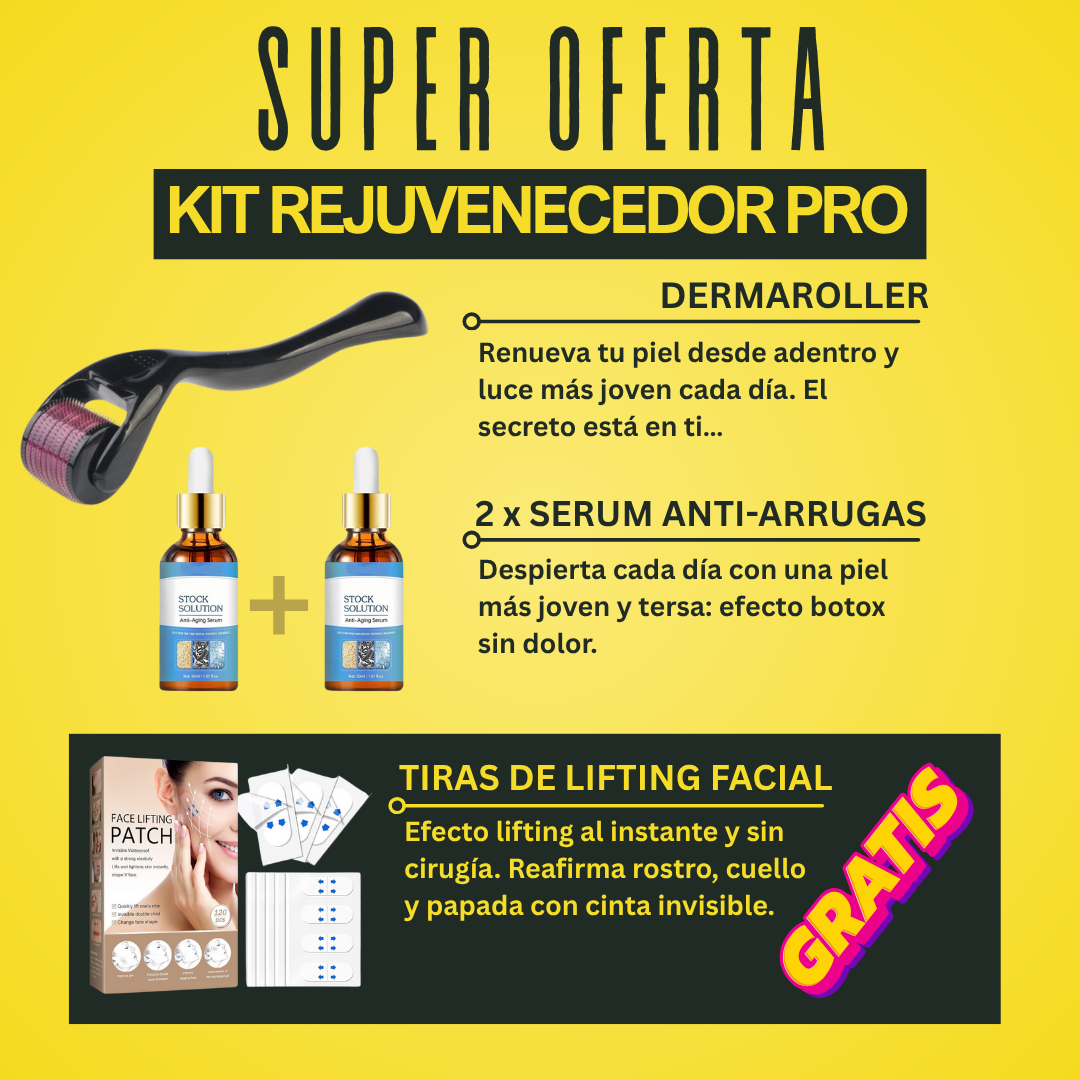 OFERTA ANTI-ARRUGAS. DERMAROLLER PRO™ + 2 x SERUM ANTIENVECIMIENTO (30 ML) + GRATIS: STRETCH™ TIRAS PARA LIFTING™ (120 PIEZAS)